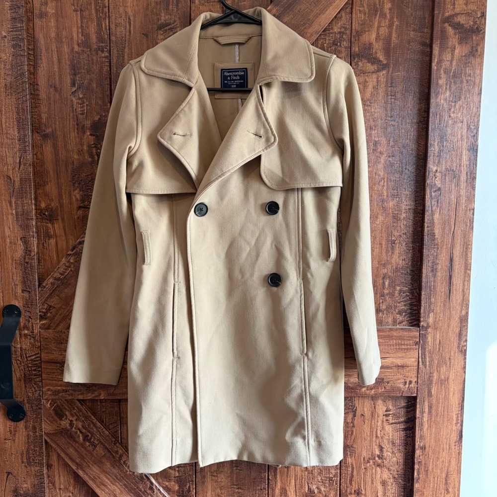 Abercrombie and Fitch Khaki Double Breasted Drapey Trench Coat XXS No belt EUC‎ - Picture 3 of 8
